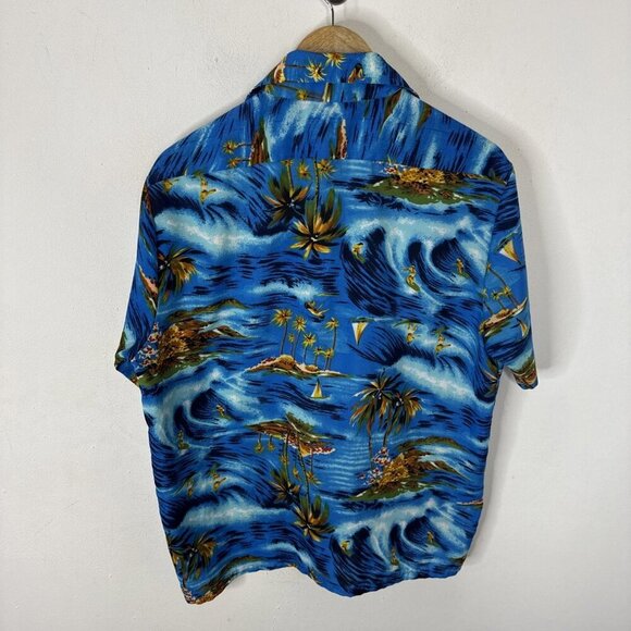 VTG Van Cort Hawaiian Shirt M 15-15.5 Blue Tropical Surf Boat Print Korea 70s - Picture 4 of 4